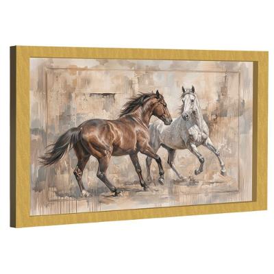 Quadro Decorativo Cavalos em Fundo Abstrato Retangular com Moldura Dourada BR Artes