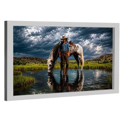 Quadro Decorativo Cowboy e Seu Cavalo Retangular 150x100cm em Canvas com Moldura Branca BR Artes