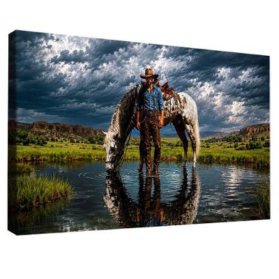 Quadro Decorativo Cowboy e Seu Cavalo Retangular em Canvas Madeira Nobre Reflorestada Marrom BR