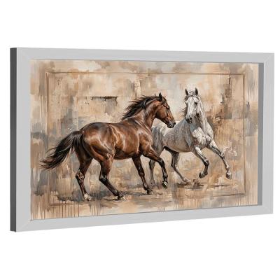 Quadro Decorativo Cavalos em Fundo Abstrato Retangular 180x105cm Branco BR Artes