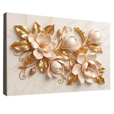 Quadro Decorativo 3D Flores Douradas Retangular Canvas Madeira Nobre Reflorestada Parafuso Dourado