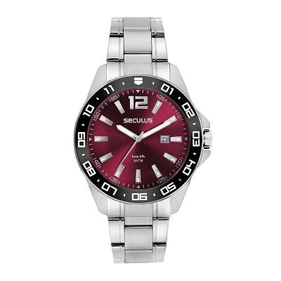 Relógio Masculino Numeração Completa e Calendário Analógico em Aço Inox Prata Séculus 45MM