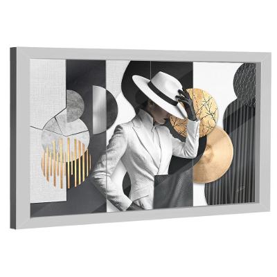 Quadro Decorativo Mulher Retangular 118x78cm com Vidro Preto e Branco e Dourado BR Artes