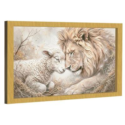 Quadro Decorativo Leão e Cordeiro Retangular em Canvas Dourado BR Artes