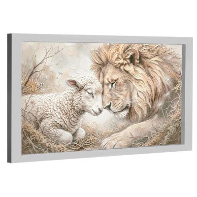 Quadro Decorativo Leão e Cordeiro Espatulado Retangular com Vidro Branco BR Artes