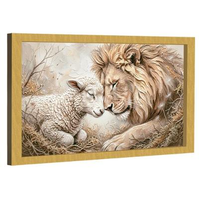 Quadro Decorativo Leão e Cordeiro Espatulado Retangular em Canvas com Moldura Dourada BR Artes