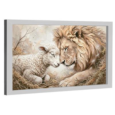 Quadro Decorativo Leão e Cordeiro Espatulado 150x100CM com Moldura Branco BR Artes