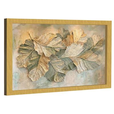 Quadro Decorativo Folhas Modernas Retangular em Madeira Nobre com Vidro Dourado BR Artes 150x100cm