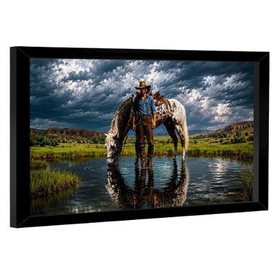 Quadro Decorativo Cowboy e Seu Cavalo Retangular 180x105cm em Madeira Nobre Preto BR Artes
