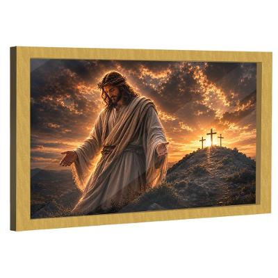 Quadro Decorativo a Grandeza de Cristo Retangular com Vidro Dourado BR Artes