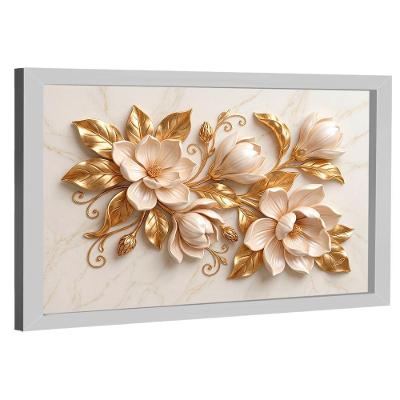 Quadro Decorativo 3d Flores Douradas Retangular em Madeira Nobre Reflorestada Dourado BR Artes
