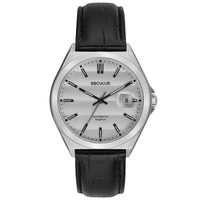 Relógio Masculino 77313G Clássico em Couro Automático Prata com Mostrador Cinza Séculus