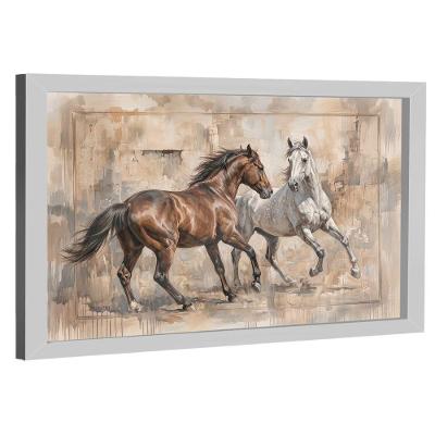 Quadro Decorativo Cavalos em Fundo Abstrato Retangular com Vidro Branco BR Artes