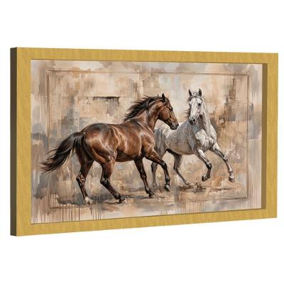 Quadro Decorativo Cavalos em Fundo Abstrato Retangular com Moldura Dourada BR Artes