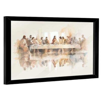 Quadro Decorativo Santa Ceia Minimalista Neutra 120x60CM com Moldura Preta BR Artes