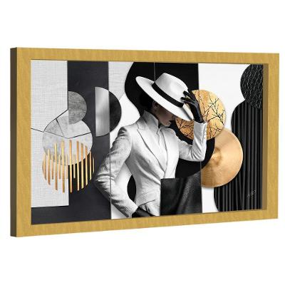 Quadro Decorativo Mulher Retangular 150x100CM em Madeira Nobre Reflorestada Preto Branco e Dourado
