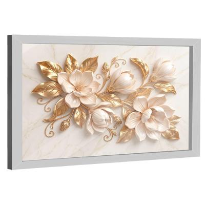 Quadro Decorativo Flores Douradas 3D Retangular com Moldura Madeira Nobre Reflorestada Branco BR