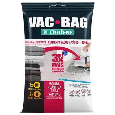 Conjunto Sacos a Vácuo com Bomba Manual 1 Médio 2 Grandes Plástico Hermetico Reutilizável Preto