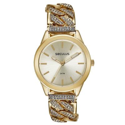 Relógio Feminino Corrente Cristais Dourado em Metal Séculus 38MM