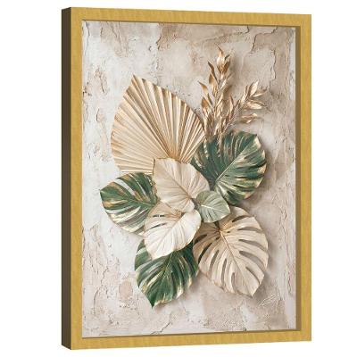 Quadro Decorativo Folhas 3D Retangular com Moldura Dourada e Vidro Verde BR Artes 180x105cm