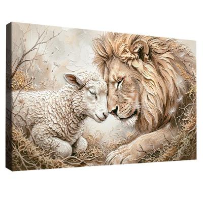Quadro Decorativo Leão e Cordeiro Espatulado Retangular em Canvas com Moldura Marrom BR Artes