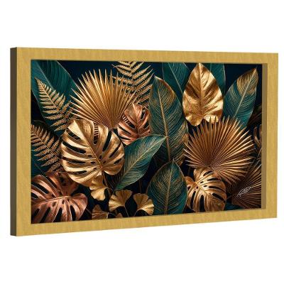 Quadro Decorativo Folhagem Bra-03505 Retangular em Madeira Nobre Reflorestada Dourado BR Artes