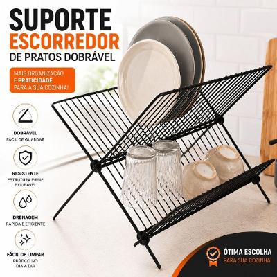Suporte Escorredor de Pratos Dobrável em Metal Organizador de Louças para Cozinha Preta