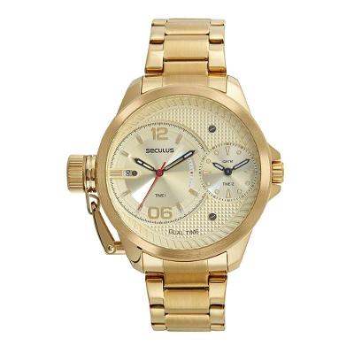 Relógio Masculino Dual Time Analógico em Aço Inox Dourado Séculus
