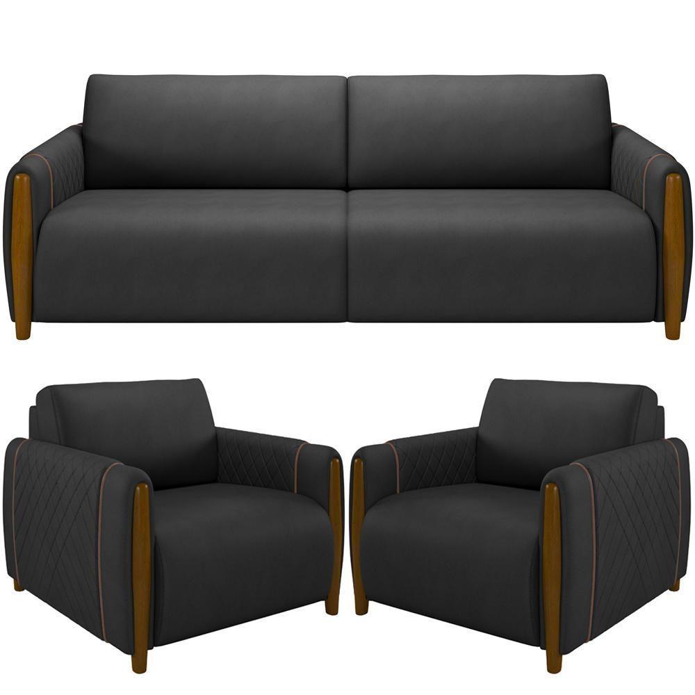 Kit Sofá 2 Lugares 168Cm Com 02 Poltronas Flora M03 Preto - 1