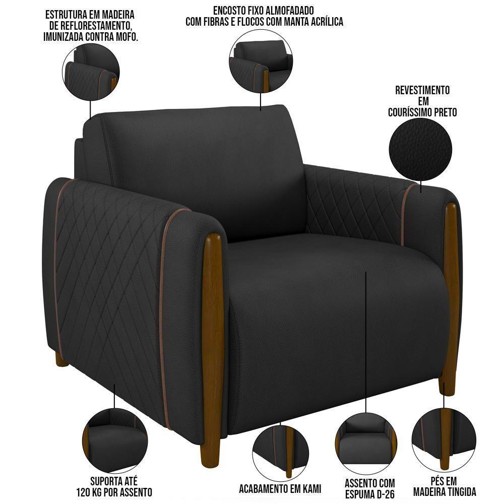 Kit Sofá 2 Lugares 168Cm Com 02 Poltronas Flora M03 Preto - 10