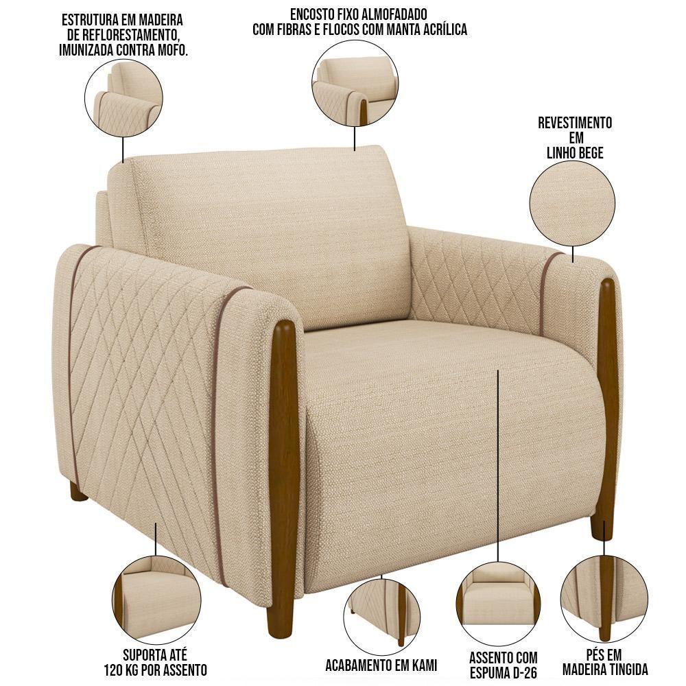 Kit Sofá 02 Lugares 168Cm Com 02 Poltronas Flora M03 Bege - 10