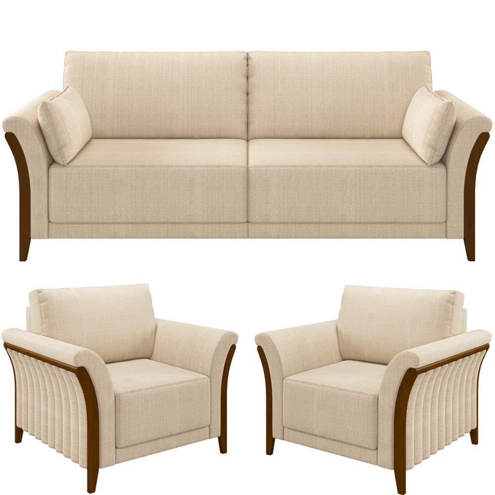 Kit Sofá 03 Lugares 222Cm Com 02 Poltronas M03 Bege - 1