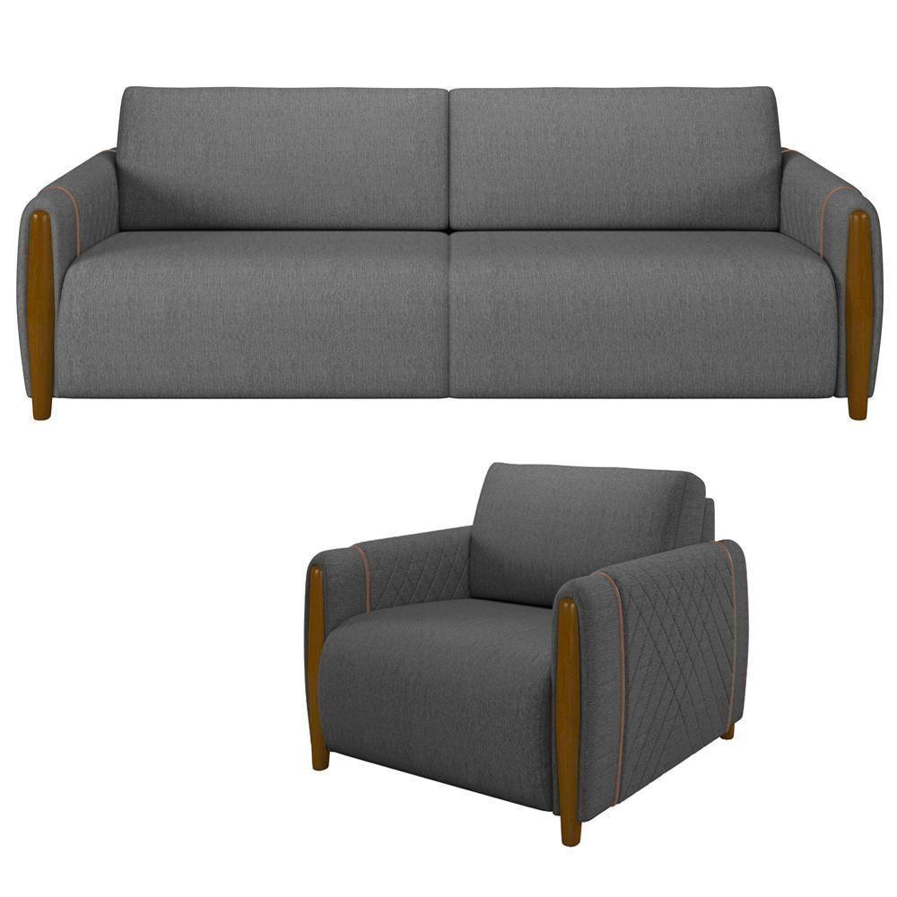 Kit Sofá 2 Lugares 168Cm Com Poltrona Flora M03 Chumbo - 1