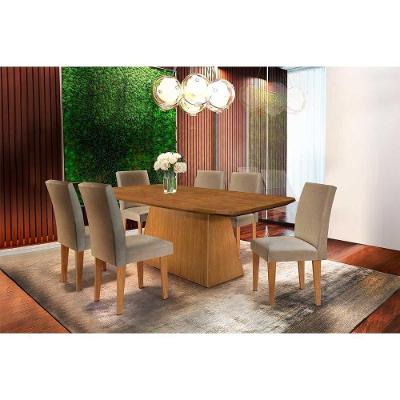 Sala De Jantar Completa Luna Tampo Madeirado C/ Vidro Canto Curvo 180x90cm E 6 Cadeiras Grécia Imbuia/linho Turim - Rufato