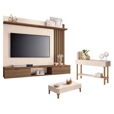 Painel Suspenso Lets Castanho Off White Com Mesa De Centro Liz E Aparador Fiero Off White-Hb Móveis