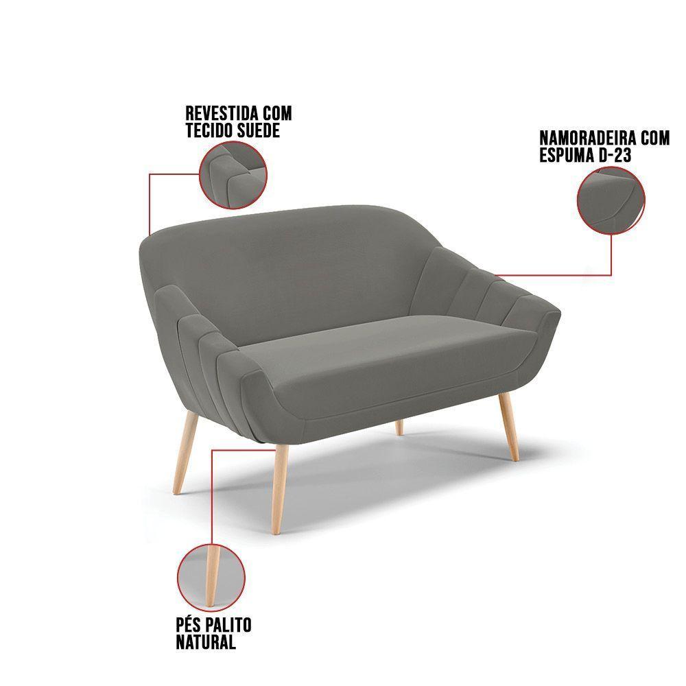 Namoradeira 02 Lugares Suede Pés Palito Natural Cor Grafite - 3