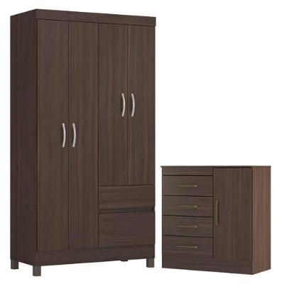 Guarda Roupa Solteiro com Cômoda Lótus 4 Portas 2 Gavetas em MDP Café Touch