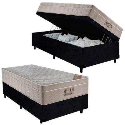 Cama Box com Baú Solteiro Airtech Springpocket Molas Ensacadas Suede Preto Ortobom