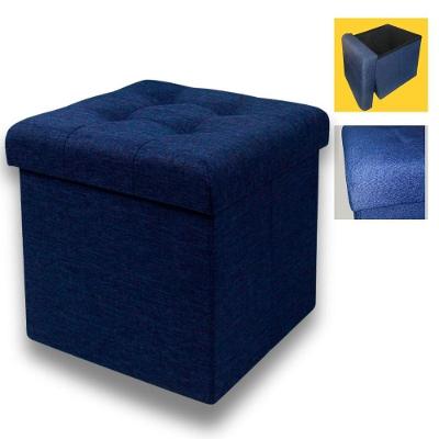 Banco Puff com Baú Guarda Volume Madeira Tecido Azul Marinho BTC Decor