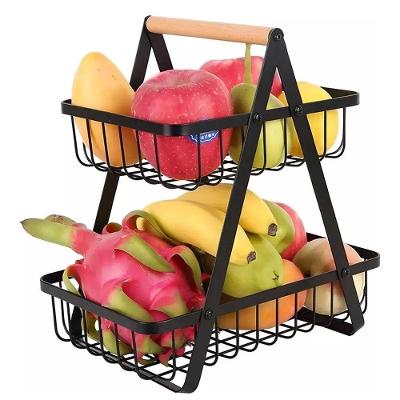 Fruteira BSL3774 Organizadora Dupla em Metal Aramado com Alça de Bambu Multiuso para Cozinha Preto