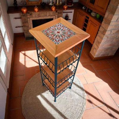 Fruteira Azulejo G1 3 Andares Madeira Maciça e Metal com Detalhe em Azulejo para Cozinha Amadeirado