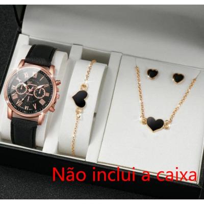 Conjunto Relógio e Joia OEM Coração Quartz Couro Genuíno Preto Feminino