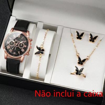 Conjunto Relógio e Joia OEM Borboleta Couro Genuíno Preto Feminino