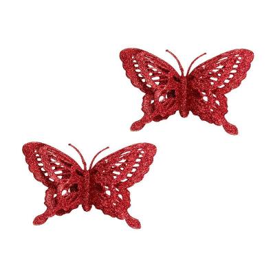 Enfeite Natalino Borboleta Natalina com Glitter Vazado Vermelho Yangzi 4 Unidades