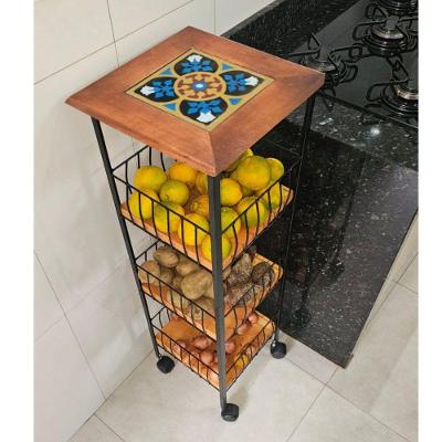 Fruteira de Chão Ladrilho S01 3 Andares em Ferro e Madeira com Rodinhas Rustic Estilo Rústico