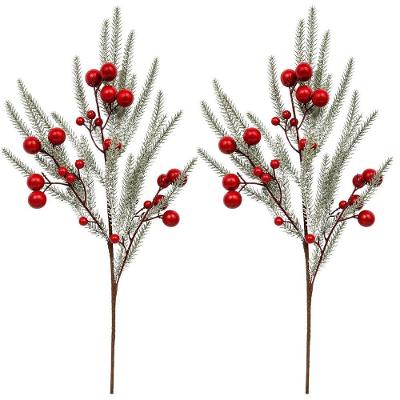 Galho Decorativo Natalino Pinheiro Nevado com Azevinhos Luxo Verde Bela Flor