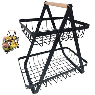 Fruteira BSL3774 Organizadora Dupla Metal Aramado e Alça de Bambu Multiuso para Cozinha Preto Braslu