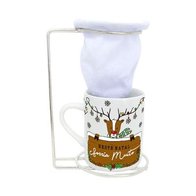 Caneca Rena com Coador de Porcelana Natal Mágico para Café Branco com Suporte Metálico e Refil