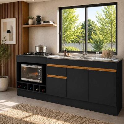 Kit Balcão de Cozinha para Pia e Cooktop com Forno Veneza 3 Portas 1 Prateleira MDP 190CM Preto