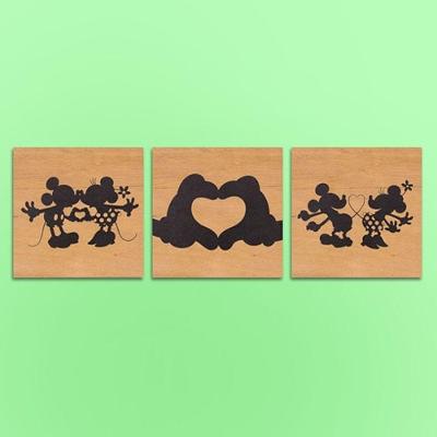 Kit de Quadros Mickey e Minnie Cute Shadow 3 Peças Quadrado 19X19CM com Parafuso Branco